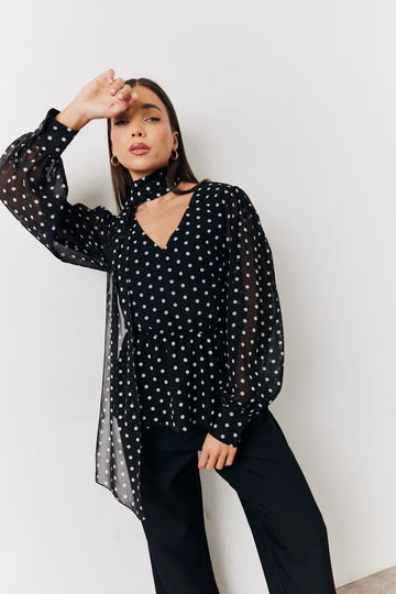 Black Polka Dot Tie Neck Blouse